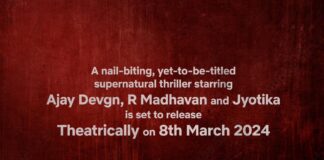 A nail-biting, yet-to-be-titled supernatural thriller starring Ajay Devgn, R Madhavan, and Jyotika is set to release theatrically on 8th March 2024
