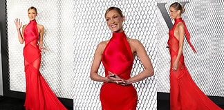 Bella Hadid Stuns in Red Schiaparelli Gown at The Beauty NYC Premiere Bella Hadid